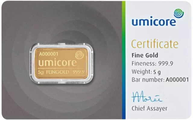 Lingotto Umicore  5  Grammi Oro Puro 999.9 Nuovo In Blister