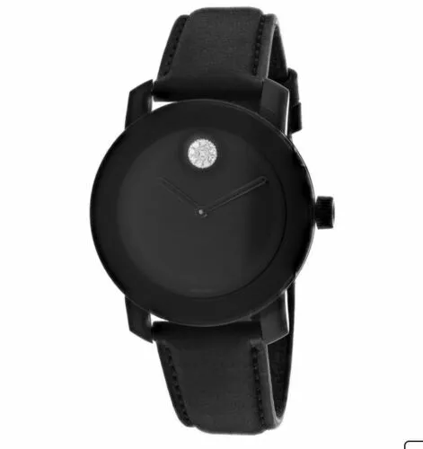 Movado Swiss Bold Black Dial Crystal Dot Ladies Leather Strap Watch 3600483
