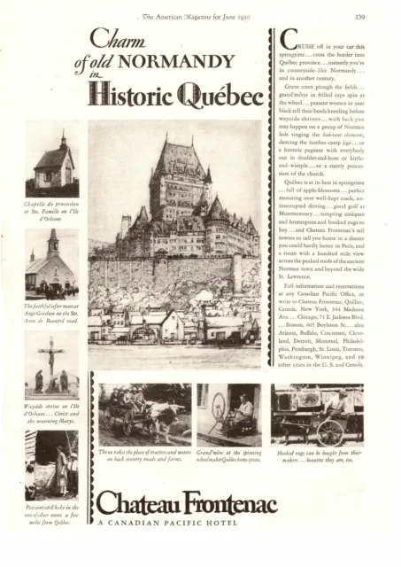 1930 Chateau Frontenac A Canadian Pacific Hotel Old Quebec City Canada Print Ad
