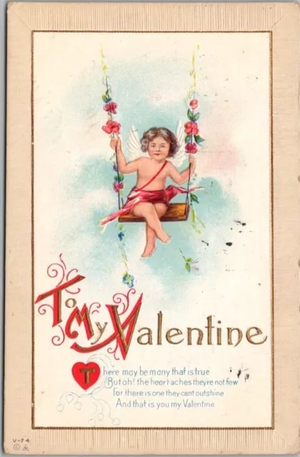 Vintage VALENTINE'S DAY Embossed Postcard Cupid Angel on Swing / 1916 Cancel