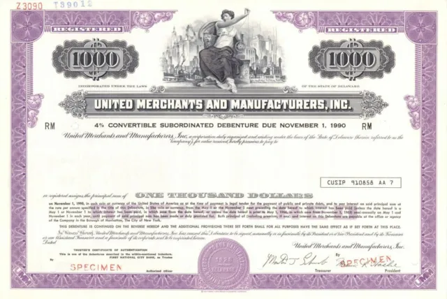United Merchants and Manufacturers, Inc. - $1,000 1928 dated Specimen Bond - Spe