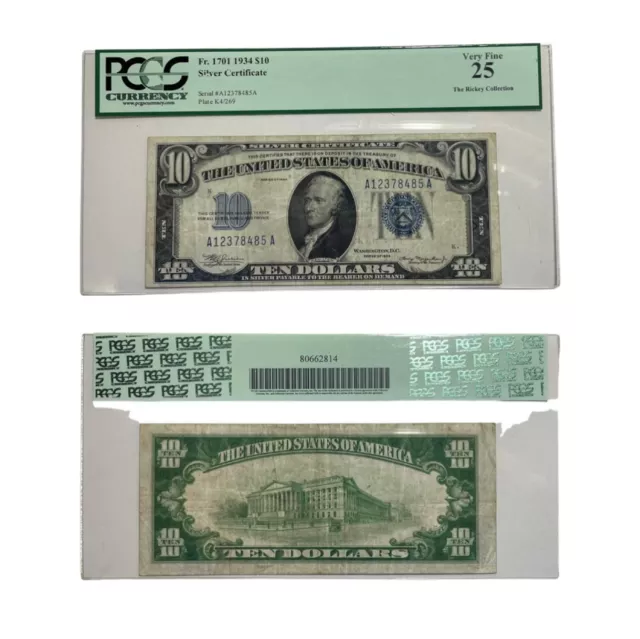 1934 $10 Ten Dollar Silver Certificate PCGS VERY FINE VF25 PPQ Fr. 1701