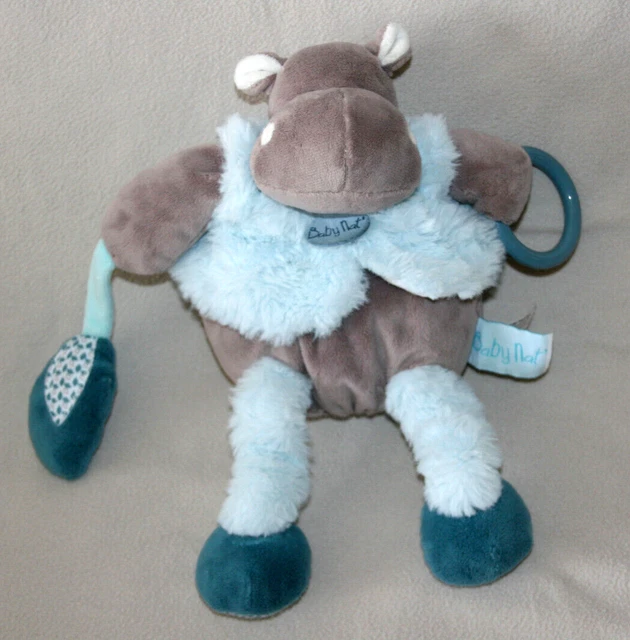 Babynat Doudou Peluche Hippopotame Bazile Taupe Bleu Grelot Activite Anneau Kom9