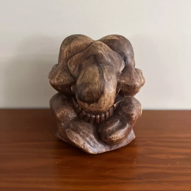 Vintage Hand Carved Wooden Weeping Buddha Yogi Monk Boho Figure Sculpture