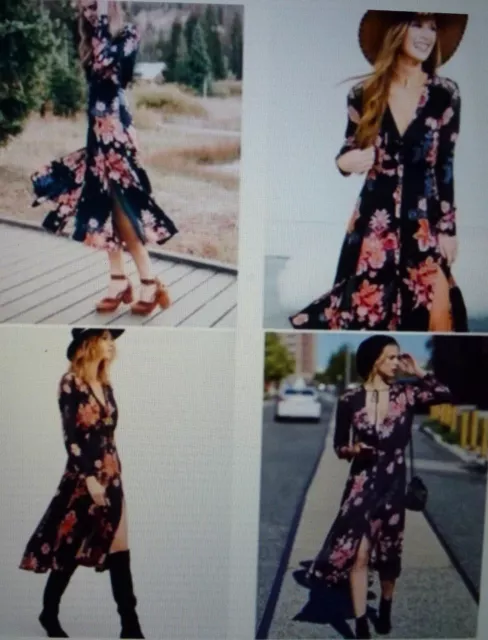 Nwt $148 Free People *Miranda* Black & Multi-Floral Boho Midi Dress - Womens 2 3