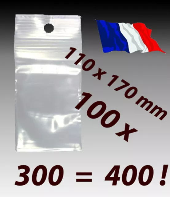 LOT 100 sachets pochette plastique zip 110x170 11x17 pochon 50 microns réel ! f