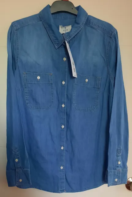 Camicia da donna blu camicetta denim manica lunga blu cotone con bottoni taglia 8