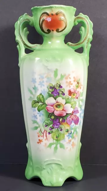 Vintage Green Floral Double Handle Made in Czechoslovakia Porcelain Vase Urn