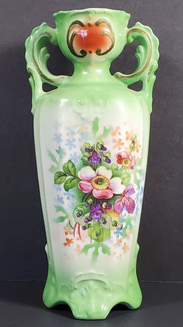 Vintage Green Floral Double Handle Made in Czechoslovakia Porcelain Vase Urn