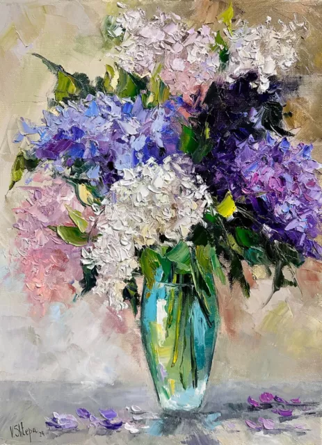 Original Oil Painting Lilac Flowers Impressionist Still Life Art Impasto 16x12in