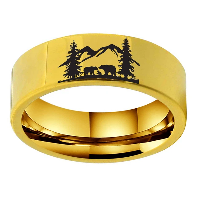 8mm Gold Tungsten Men Wedding Band Forest Mountain Animal Landscape Deer Wolf