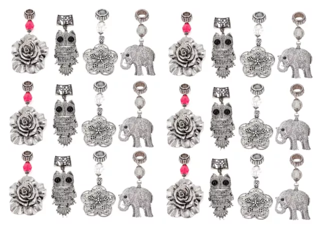 BULK - 24 Assorted Scarf Pendants - Rose, Elephant, Flower (12cms) & Owl (10cms)