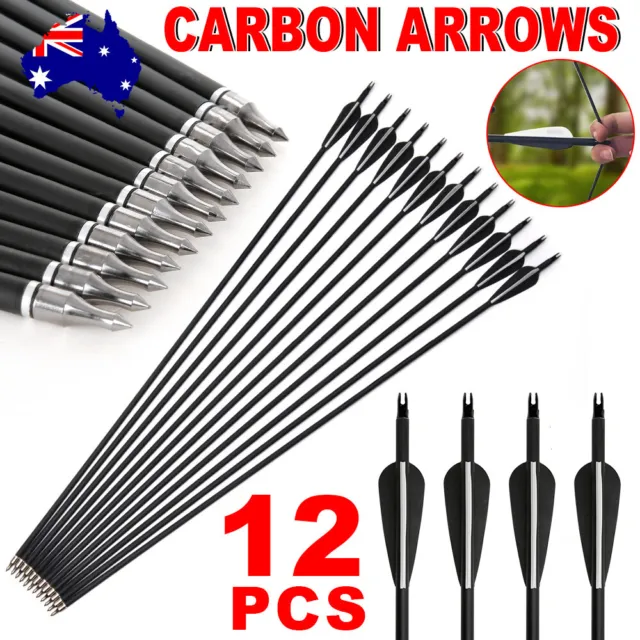 12PK Archery 30" Carbon Arrows SP500 Hunting Arrowheads for Compound Recurve Bow