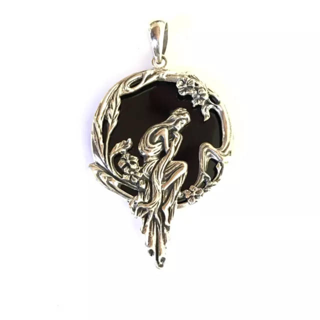 Sterling Silver Art Nouveau flowing long haired Robed lady Flower pendant