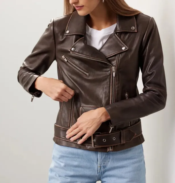 VEDA Leather Jacket Womens XXL Brown Distressed Moto Full Zip Biker