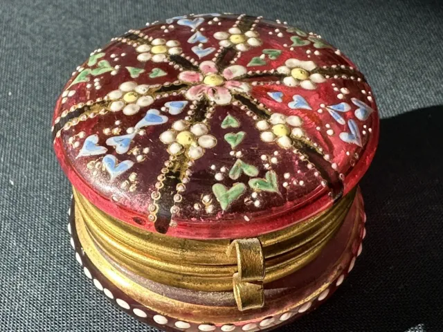 Moser Bohemian Enamel Warm Pink Glass Dresser Trinket Pill Box Antique. SUPERB!