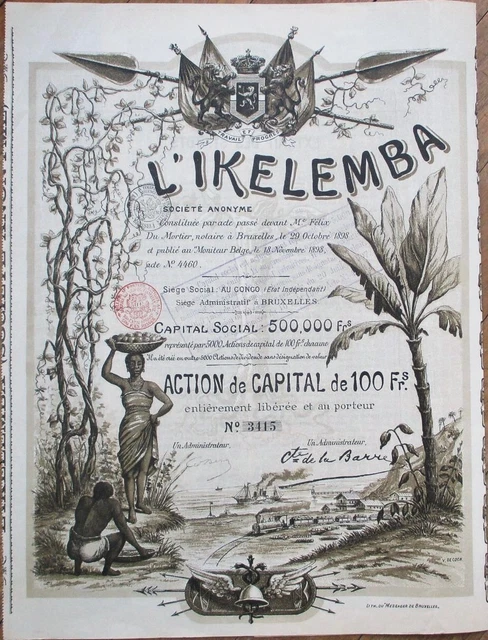 Belgian Congo, Africa 1898 Stock Bond Certificate, Black African Woman, Litho