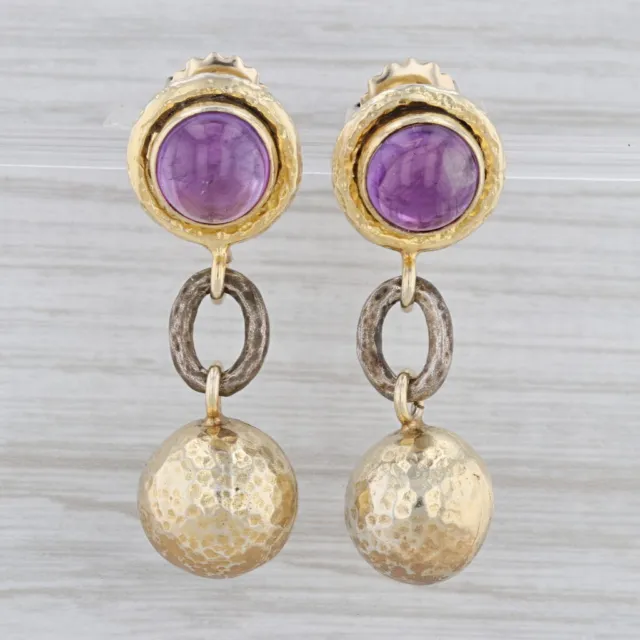 Round Cabochon Amethyst Dangle Earrings Hammered Gold Plated Sterling Silver