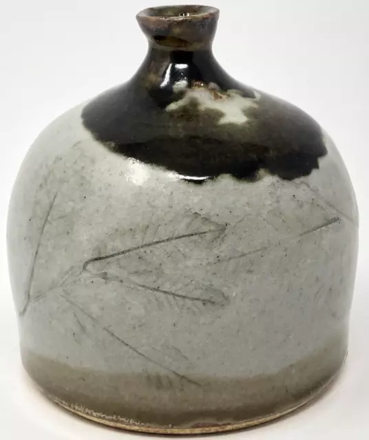 Vintage Pottery Weed Pot Vase Beige Green Drip Leaf Studio Artisan Signed 4"