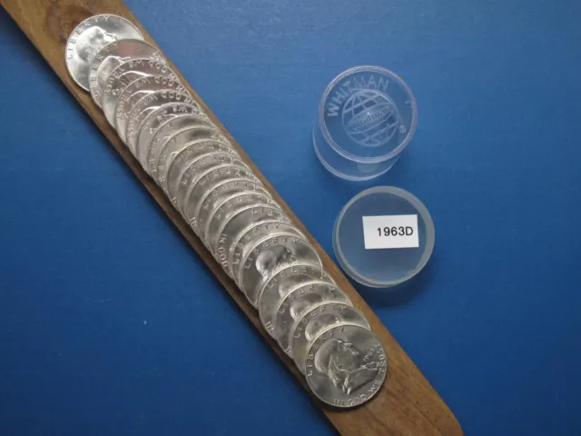1963D Franklin Half Dollars $10 face 20 UNC 90% Silver US coins Very Nice Roll