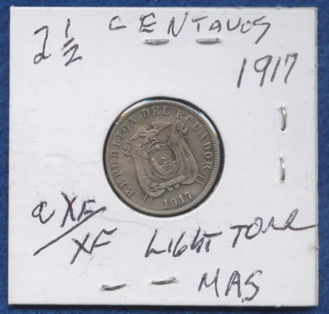 ECUADOR 2 1/2 Centavos 1917. aEF, lite tone. KM61