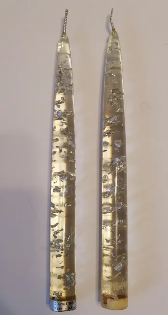 Vintage Pair Of Clear Lucite Silver Flecked 8" Candles Decor Made In USA
