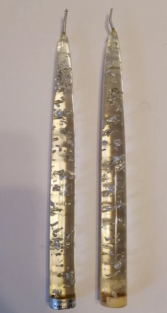 Vintage Pair Of Clear Lucite Silver Flecked 8" Candles Decor Made In USA