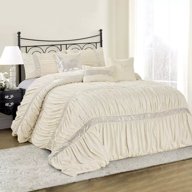 HIG 7 Piece Classica Chic Ruched Pleated Ivory Comforter Set in Queen King Size