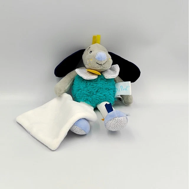 Doudou chien bleu vert gris blanc jaune Pépin mouchoir Baby nat - 32488