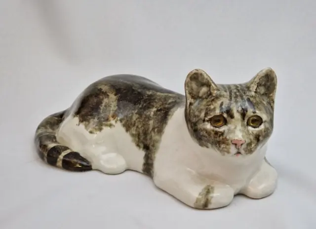 Older Winstanley Size 4 Pottery Tabby & White Cat Cathedral Glass Eyes Signed