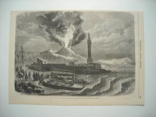 Gravure 1861. Eruption Du Vesuve. Les Habitants De Torre Del Greco S’enfuient...