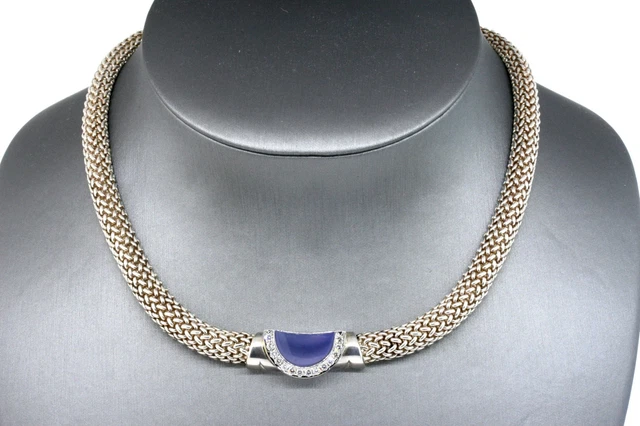 Movado Chalcedony Diamond Necklace 18k White Gold Sterling Silver Choker Mesh