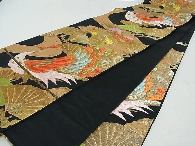 Woman Japanese Kimono Fukuroobi Silk Karaori Peacock Gold Thread Black