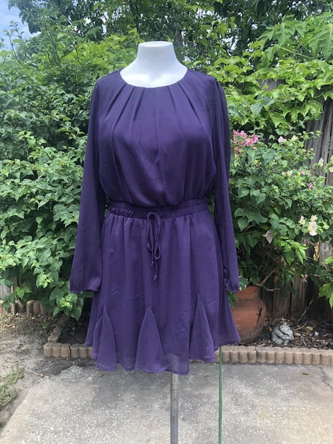 Mi Ami Medium Purple Dress Elastic Waist Long Sleeve Chiffon Pleated Hem