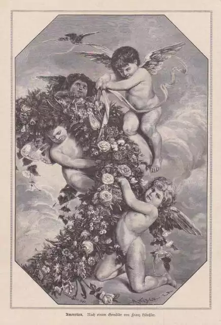 Cupidons Eroten Ange Gravure sur Bois De 1885 Fleurs