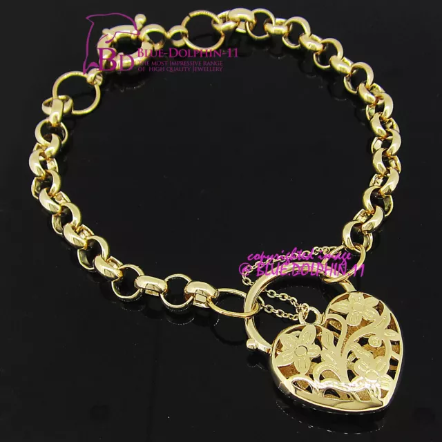 Real Solid 9k Yellow Gold GF Flat Curb Chain Heart Clasp Padlock Bracelet Bangle