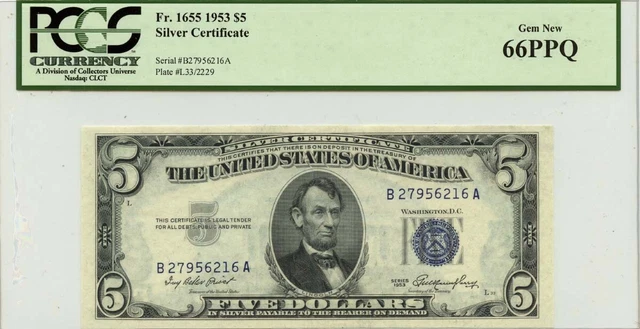 1953 $5 Silver Certificate Fr# 1655 PCGS Gem 66PPQ