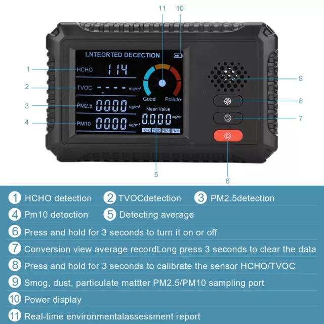 Air Quality Monitor Indoor Outdoor Air Quality Detector Portable Measures GSA