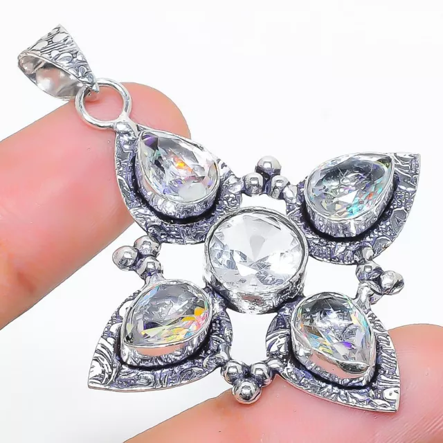 White Topaz Gemstone Handmade 925 Sterling Silver Jewelry Pendant 2.29"