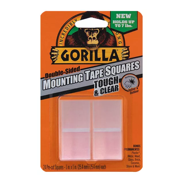 Gorilla Glue TOUGH & CLEAR Double Sided Mounting Tape 1" Pre Cut 24 Squares