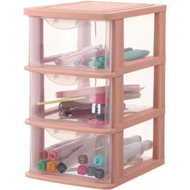 Organizador de almacenamiento de maquillaje de plástico con 3 cajones torre transparente marco rosa