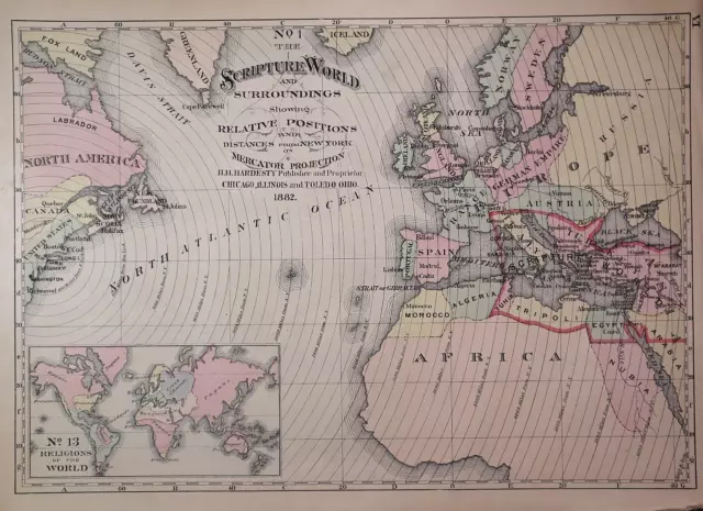 Old 1882 Hardesty Atlas Map ~ #1 THE SCRTIPTURE WORLD ~ (10x14) #1250