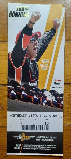 2016 Indianapolis Indy 500 Ticket Stub Alexander Rossi Juan Pablo Montoya Sm Cre