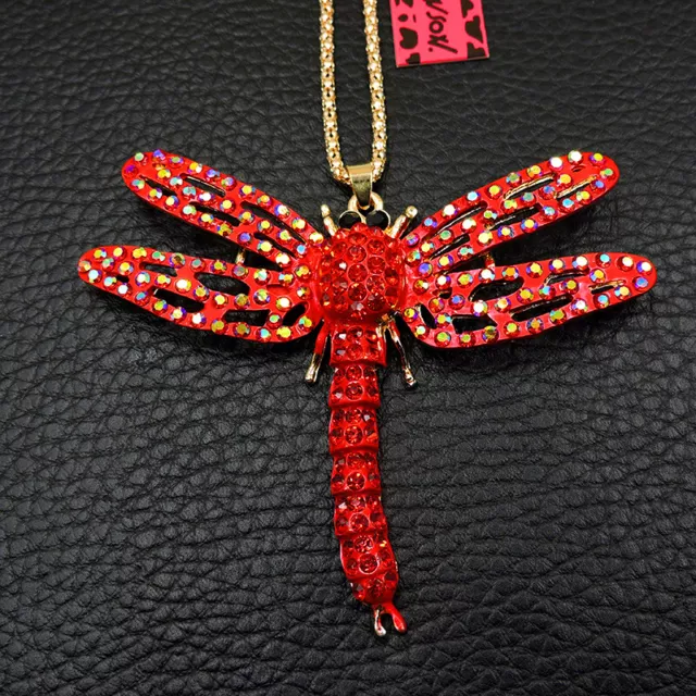 New Betsey Johnson Red Rhinestone Bling Dragonfly Crystal Pendant Necklace