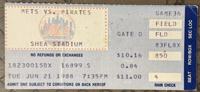 NEW YORK METS Vs Pittsburgh Pirates Ticket Stub 6/21/88 Ron