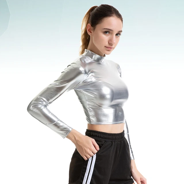 Camicia a maniche lunghe in PVC con colletto in piedi costume donna top donna abbigliamento donna