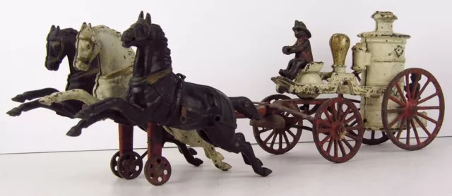 ca1900 CAST IRON HORSE DRAWN FIRE ENGINE PUMPER WAGON TOY By KENTON 20 INCHES