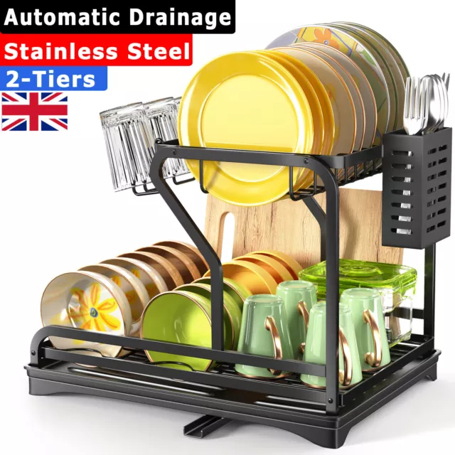 2 Tier Dish Drainer Rack with Drip Tray Cutlery Holder Plate Rack Kitchen Sink