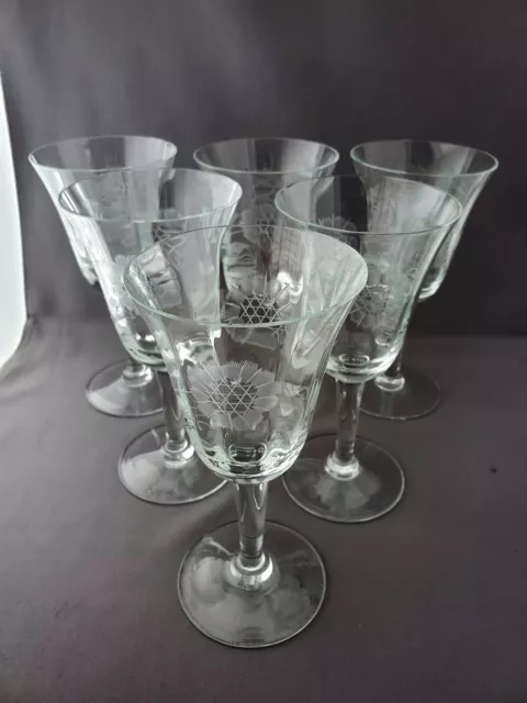 6 Vintage WJ Hughes Cornflower Cut Tiffin Glass Wine Glasses 6 1/8"