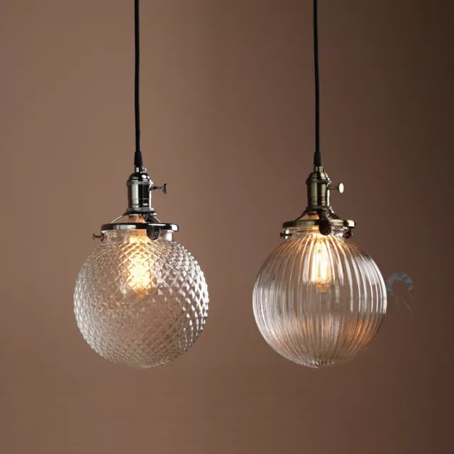 Vintage Industrial Ribbed Grain Glass Ceiling Pendant Light Loft Hanging Lamp